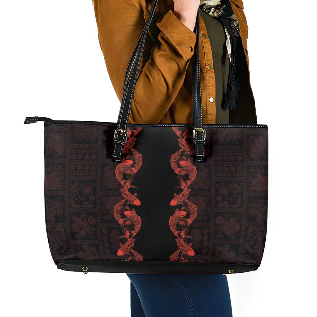 Hawaii Japan Koi Fish Red Leather Tote Bag Tapa Pattern - Polynesian Pride