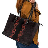 Hawaii Japan Koi Fish Red Leather Tote Bag Tapa Pattern - Polynesian Pride