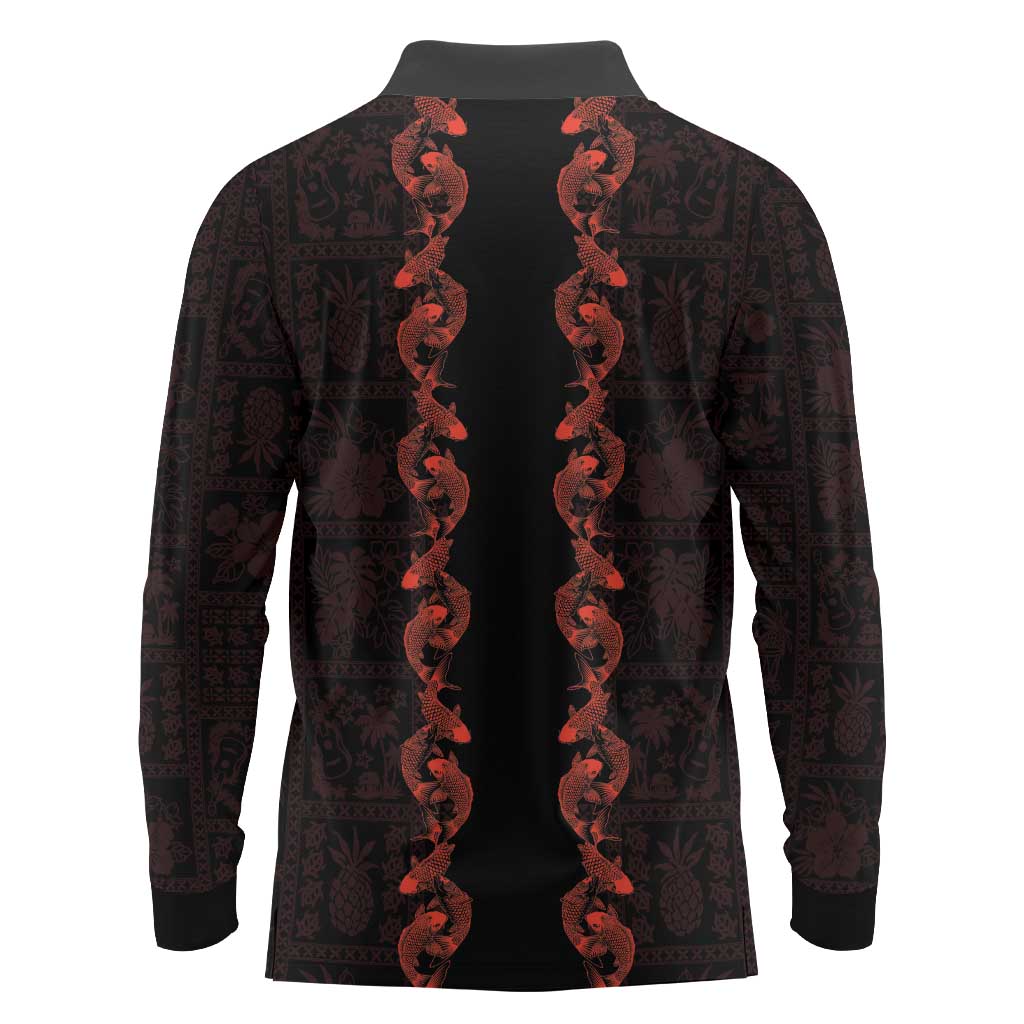 Hawaii Japan Koi Fish Red Long Sleeve Polo Shirt Tapa Pattern - Polynesian Pride