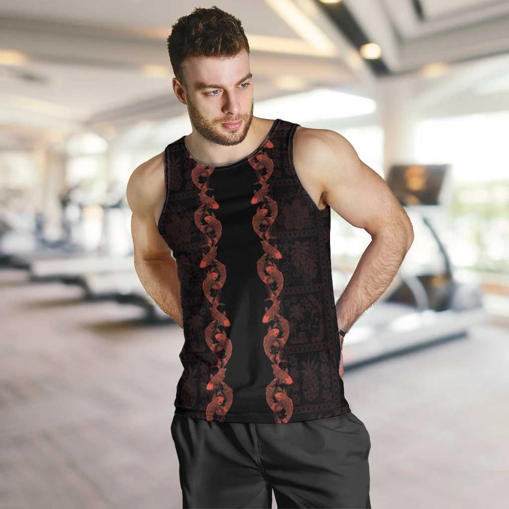 Hawaii Japan Koi Fish Red Men Tank Top Tapa Pattern - Polynesian Pride