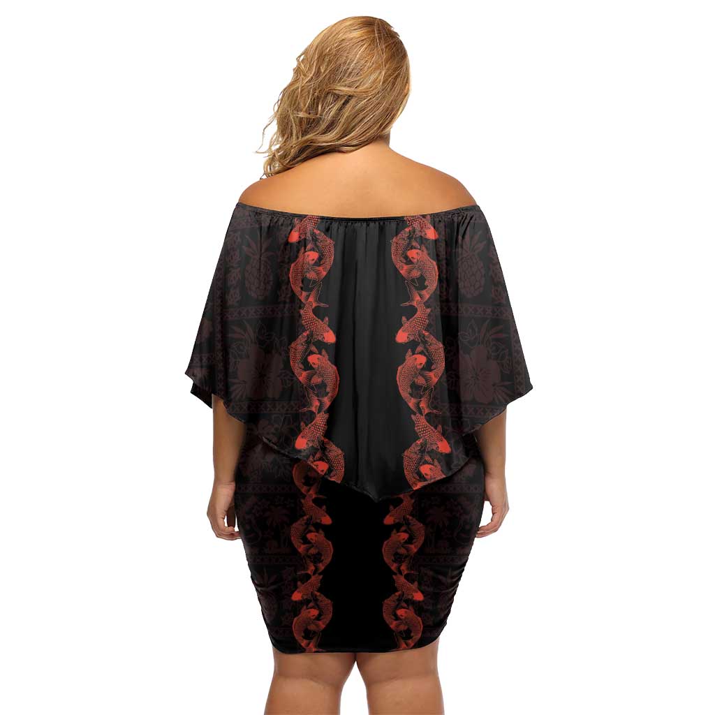 Hawaii Japan Koi Fish Red Off Shoulder Short Dress Tapa Pattern - Polynesian Pride