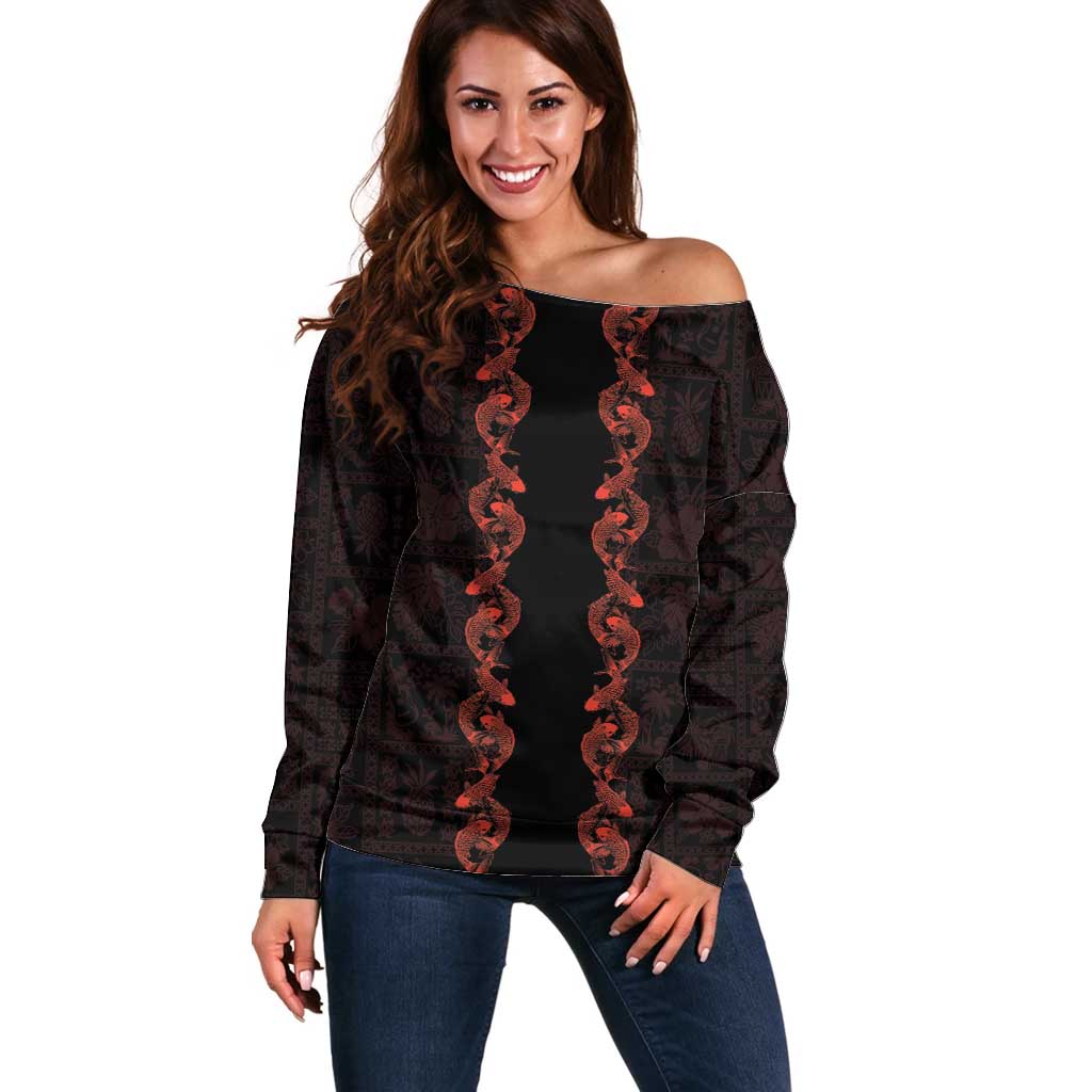 Hawaii Japan Koi Fish Red Off Shoulder Sweater Tapa Pattern - Polynesian Pride