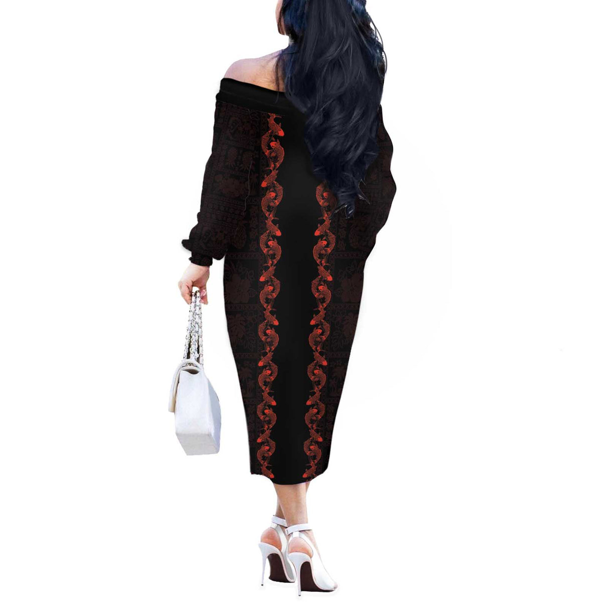 Hawaii Japan Koi Fish Red Off The Shoulder Long Sleeve Dress Tapa Pattern - Polynesian Pride