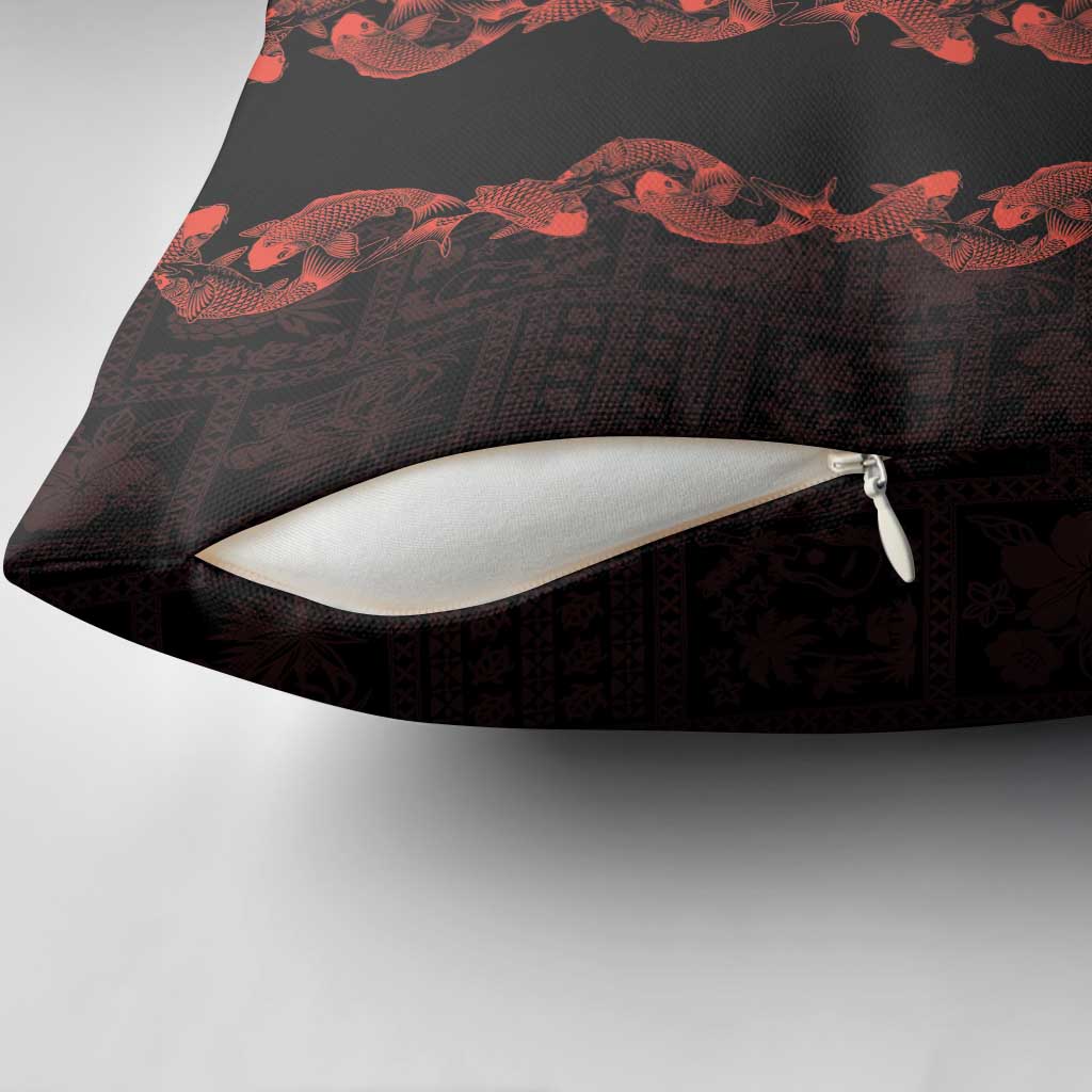 Hawaii Japan Koi Fish Red Pillow Cover Tapa Pattern - Polynesian Pride