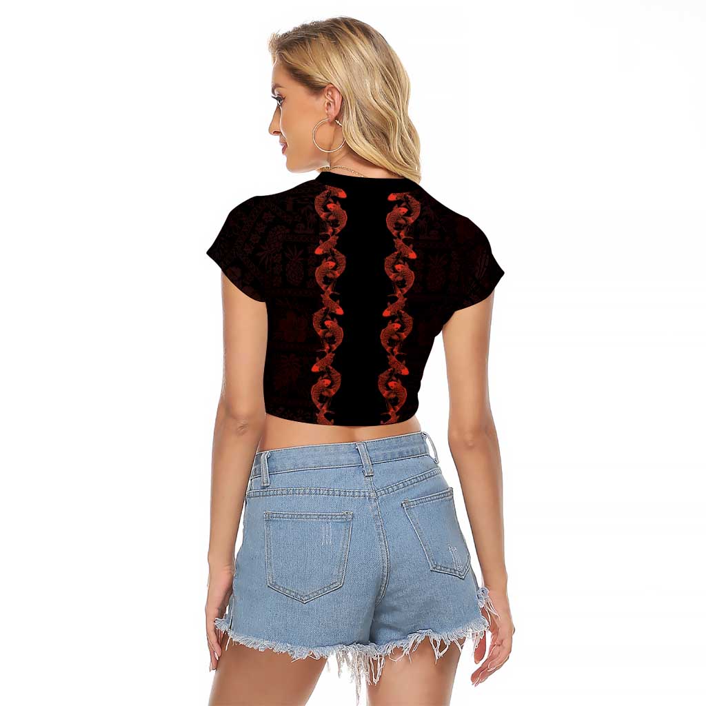 Hawaii Japan Koi Fish Red Raglan Cropped T Shirt Tapa Pattern - Polynesian Pride