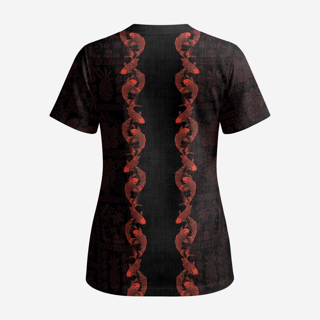 Hawaii Japan Koi Fish Red Scrub Top Tapa Pattern - Polynesian Pride