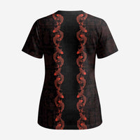 Hawaii Japan Koi Fish Red Scrub Top Tapa Pattern - Polynesian Pride