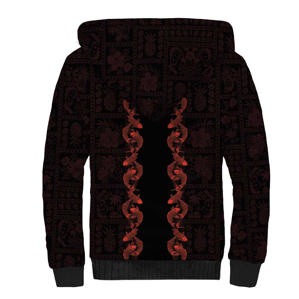 Hawaii Japan Koi Fish Red Sherpa Hoodie Tapa Pattern - Polynesian Pride