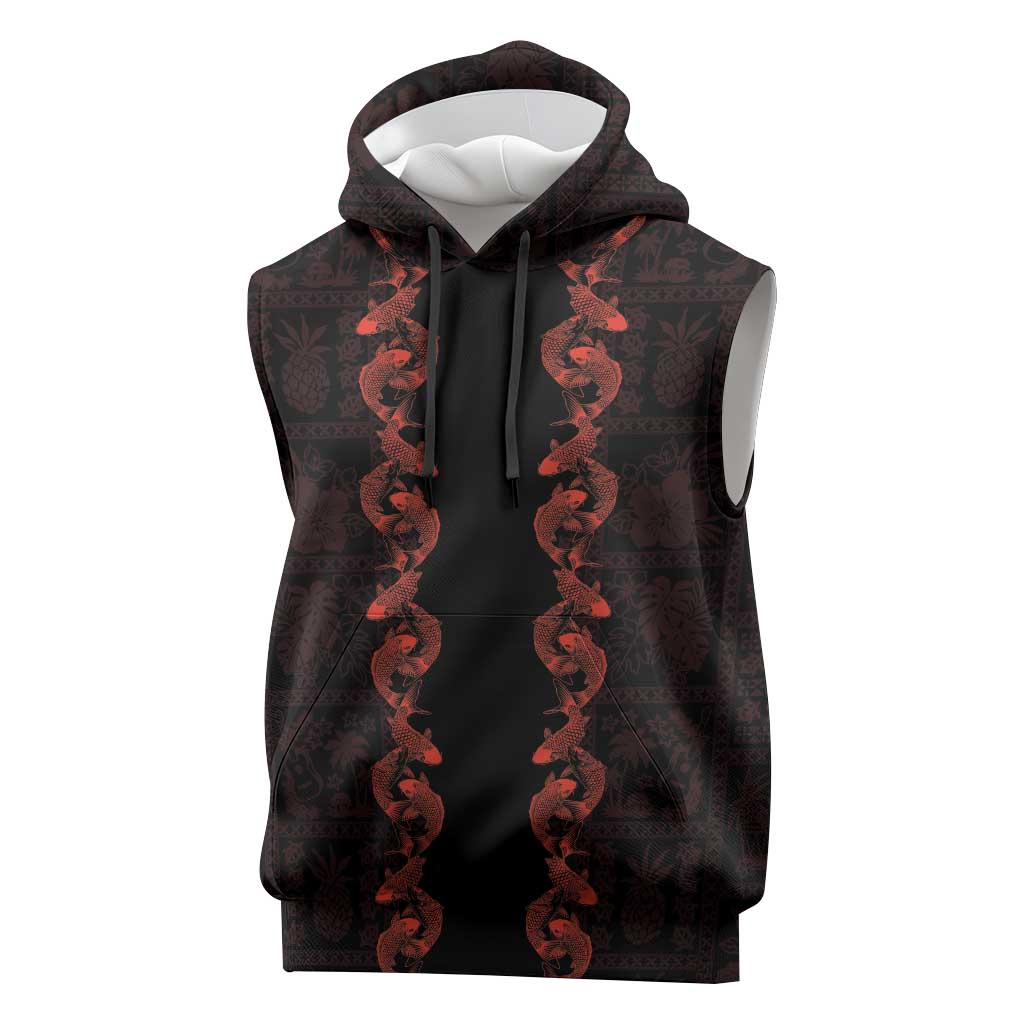 Hawaii Japan Koi Fish Red Sleeveless Hoodie Tapa Pattern - Polynesian Pride