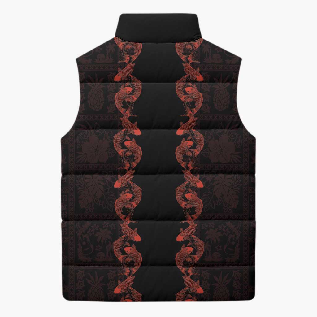 Hawaii Japan Koi Fish Red Sleeveless Puffer Jacket Tapa Pattern - Polynesian Pride