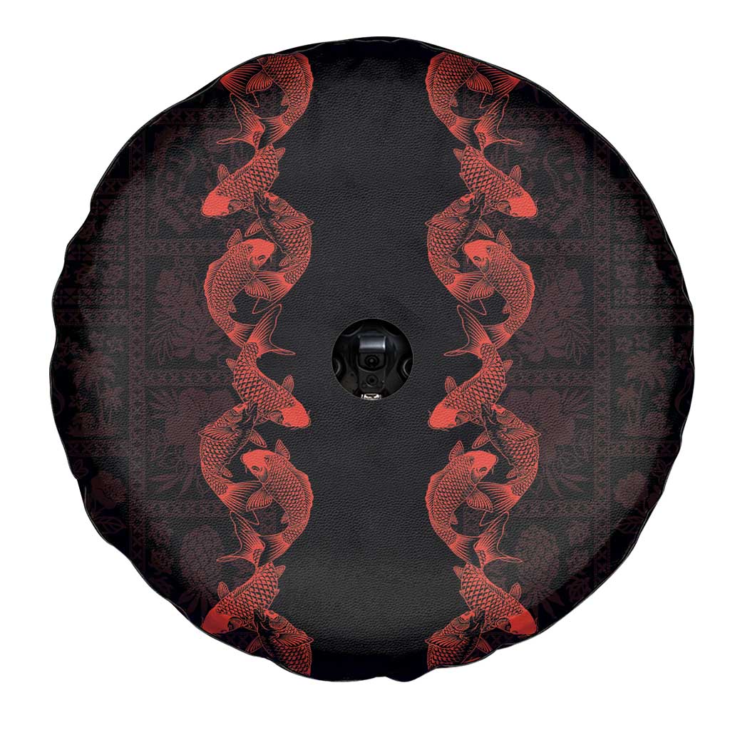 Hawaii Japan Koi Fish Red Spare Tire Cover Tapa Pattern - Polynesian Pride