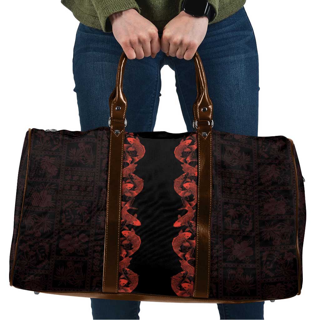 Hawaii Japan Koi Fish Red Travel Bag Tapa Pattern - Polynesian Pride