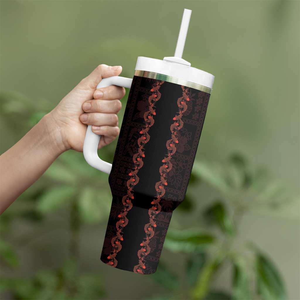 Hawaii Japan Koi Fish Red Tumbler With Handle Tapa Pattern - Polynesian Pride
