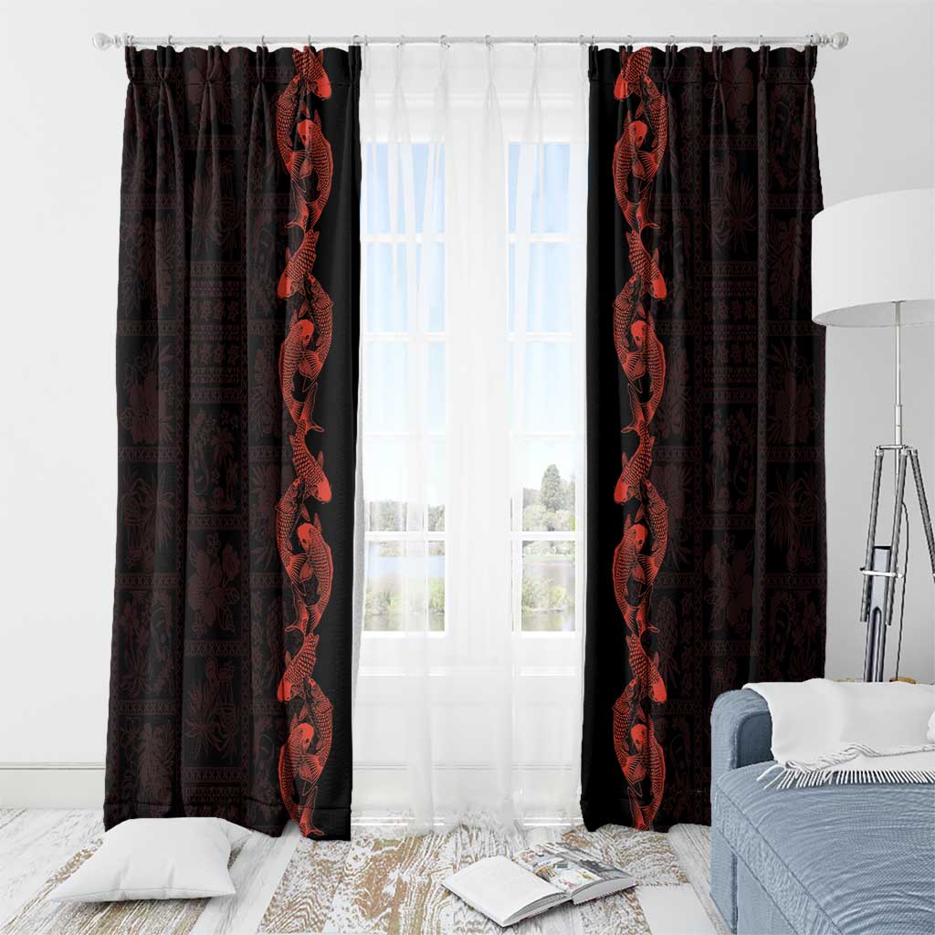 Hawaii Japan Koi Fish Red Window Curtain Tapa Pattern - Polynesian Pride