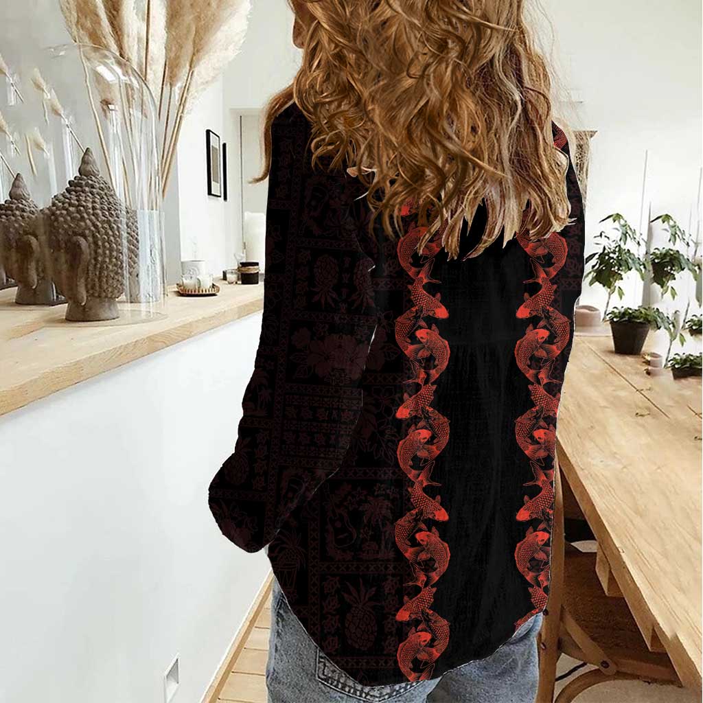 Hawaii Japan Koi Fish Red Women Casual Shirt Tapa Pattern - Polynesian Pride
