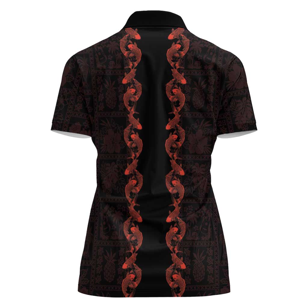 Hawaii Japan Koi Fish Red Women Polo Shirt Tapa Pattern - Polynesian Pride