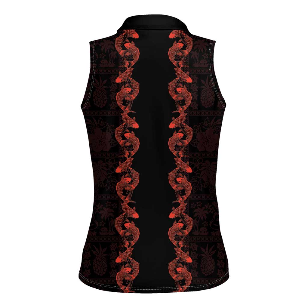 Hawaii Japan Koi Fish Red Women Sleeveless Polo Shirt Tapa Pattern - Polynesian Pride