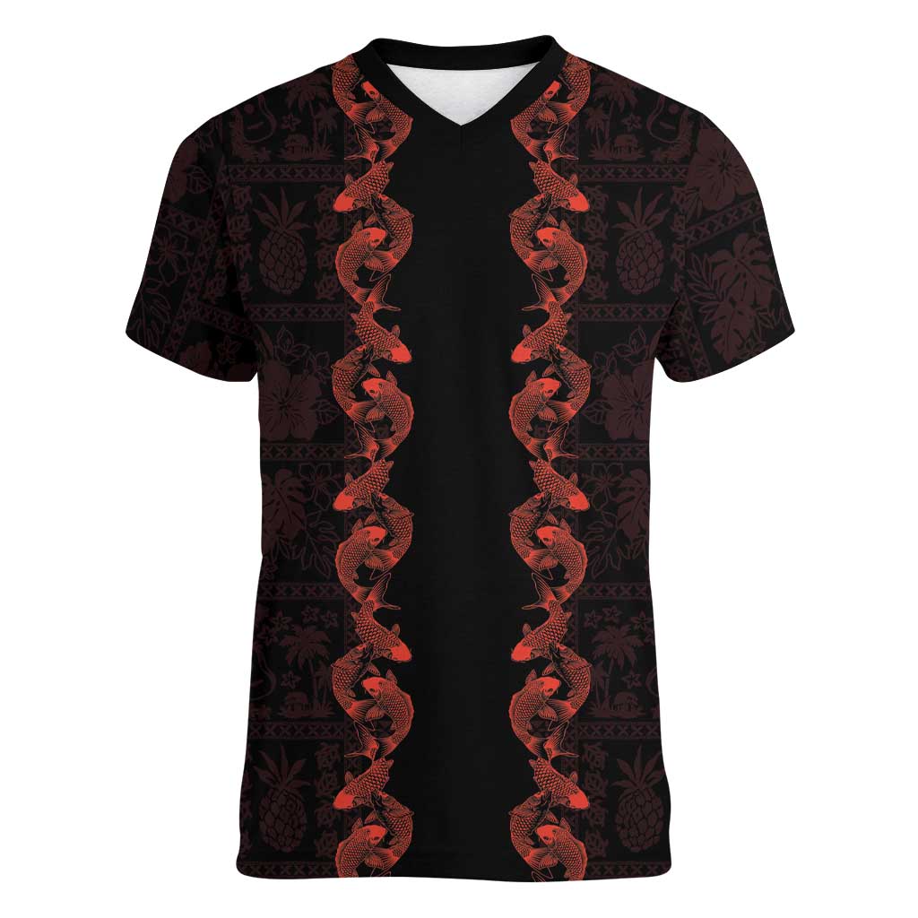 Hawaii Japan Koi Fish Red Women V-Neck T-Shirt Tapa Pattern - Polynesian Pride