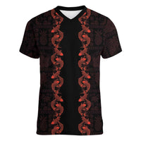 Hawaii Japan Koi Fish Red Women V-Neck T-Shirt Tapa Pattern - Polynesian Pride