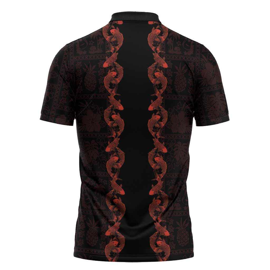 Hawaii Japan Koi Fish Red Zipper Polo Shirt Tapa Pattern - Polynesian Pride