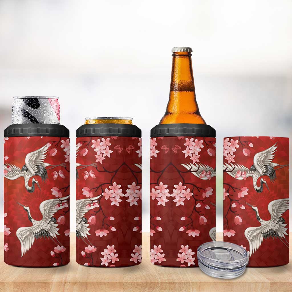 Hawaii Japan Cranes Sakura Flower Red 4 in 1 Can Cooler Tumbler Japan Heritage Spirit - Polynesian Pride