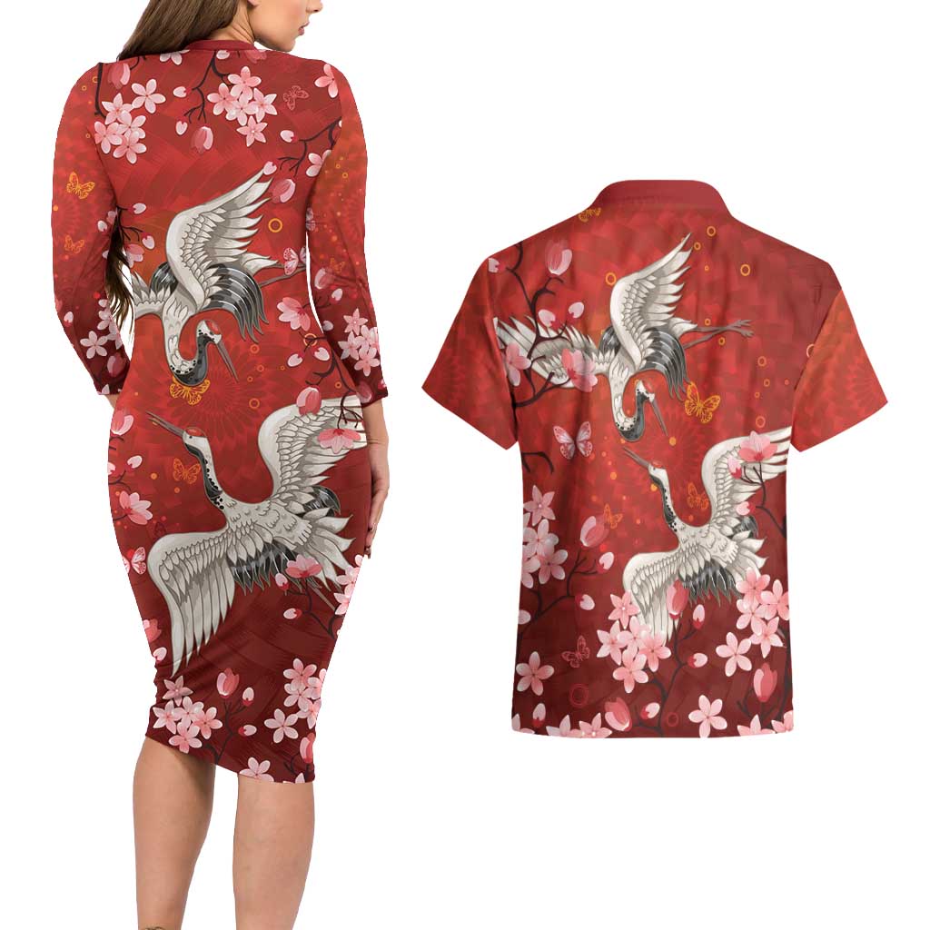 Hawaii Japan Cranes Sakura Flower Red Couples Matching Long Sleeve Bodycon Dress and Hawaiian Shirt Japan Heritage Spirit LT01 - Polynesian Pride