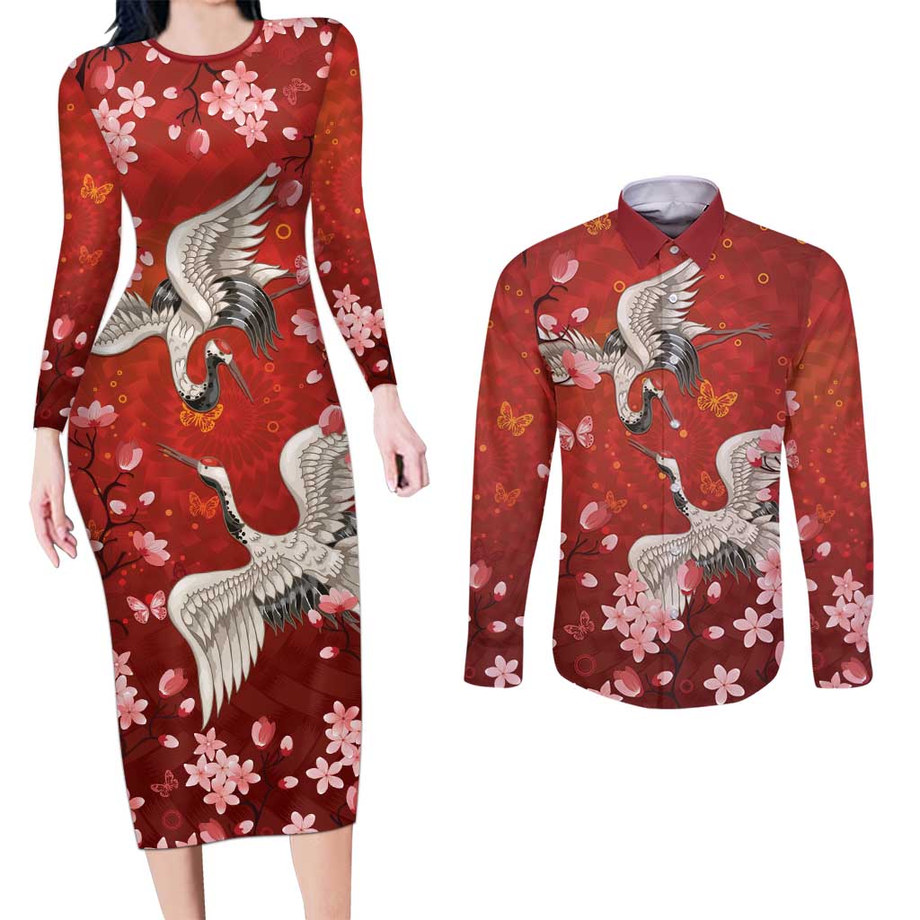 Hawaii Japan Cranes Sakura Flower Red Couples Matching Long Sleeve Bodycon Dress and Long Sleeve Button Shirt Japan Heritage Spirit LT01 Red - Polynesian Pride