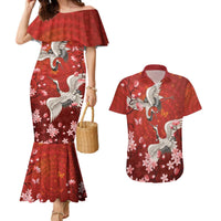 Hawaii Japan Cranes Sakura Flower Red Couples Matching Mermaid Dress and Hawaiian Shirt Japan Heritage Spirit LT01 Red - Polynesian Pride