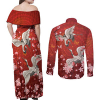 Hawaii Japan Cranes Sakura Flower Red Couples Matching Off Shoulder Maxi Dress and Long Sleeve Button Shirt Japan Heritage Spirit LT01 - Polynesian Pride