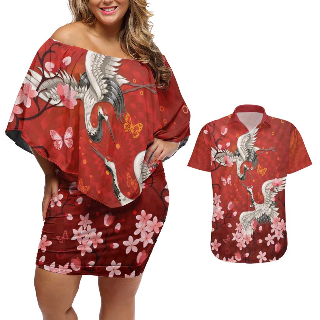 Hawaii Japan Cranes Sakura Flower Red Couples Matching Off Shoulder Short Dress and Hawaiian Shirt Japan Heritage Spirit - Polynesian Pride