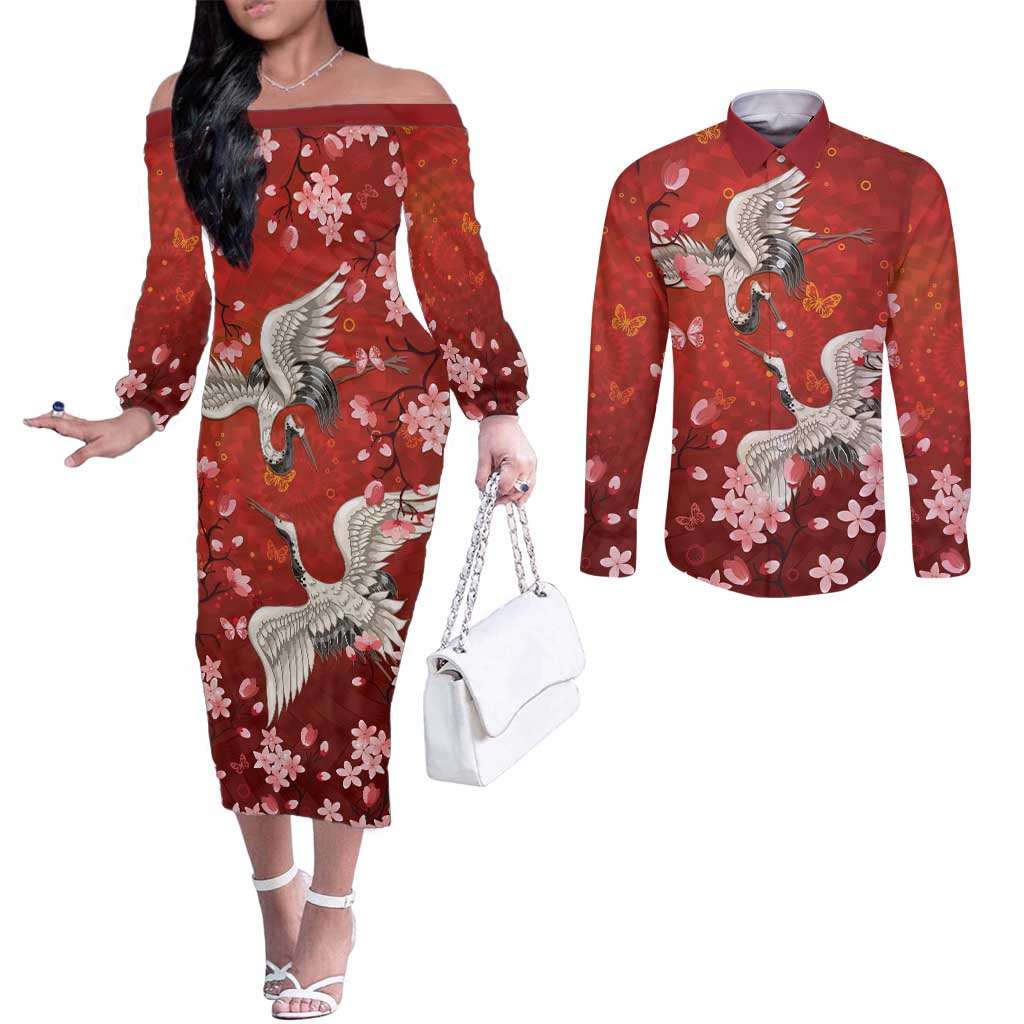 Hawaii Japan Cranes Sakura Flower Red Couples Matching Off The Shoulder Long Sleeve Dress and Long Sleeve Button Shirt Japan Heritage Spirit LT01 Red - Polynesian Pride