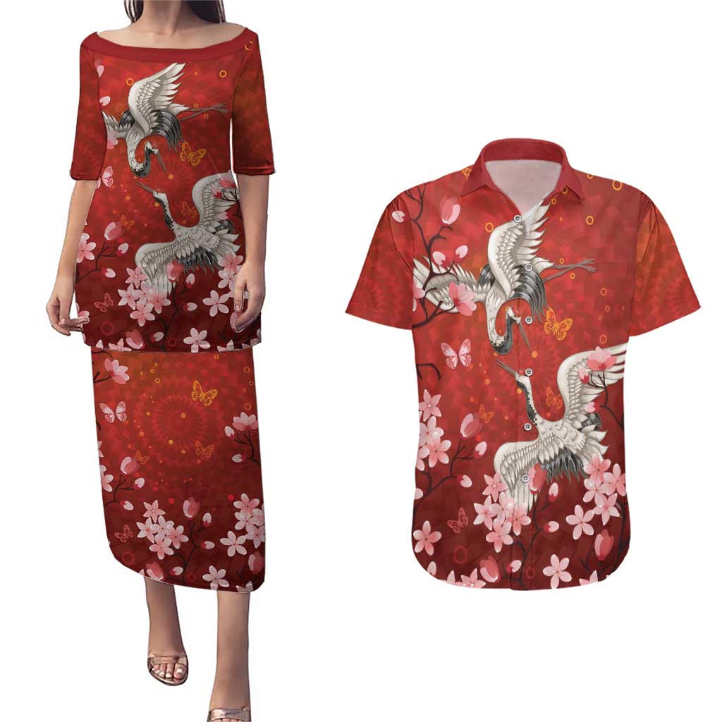 Hawaii Japan Cranes Sakura Flower Red Couples Matching Puletasi and Hawaiian Shirt Japan Heritage Spirit LT01 Red - Polynesian Pride