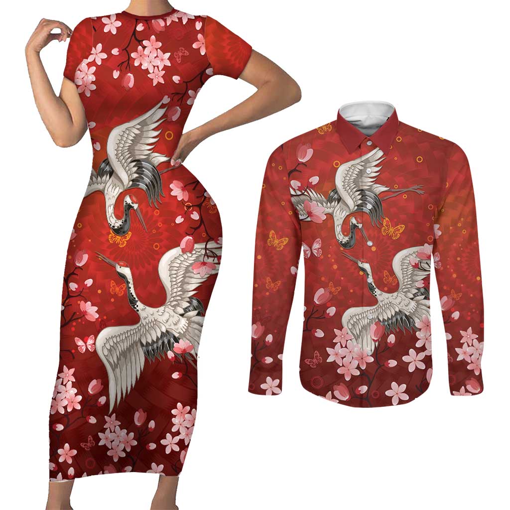 Hawaii Japan Cranes Sakura Flower Red Couples Matching Short Sleeve Bodycon Dress and Long Sleeve Button Shirt Japan Heritage Spirit - Polynesian Pride