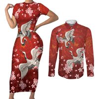 Hawaii Japan Cranes Sakura Flower Red Couples Matching Short Sleeve Bodycon Dress and Long Sleeve Button Shirt Japan Heritage Spirit LT01 Red - Polynesian Pride