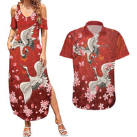 Hawaii Japan Cranes Sakura Flower Red Couples Matching Summer Maxi Dress and Hawaiian Shirt Japan Heritage Spirit LT01 Red - Polynesian Pride