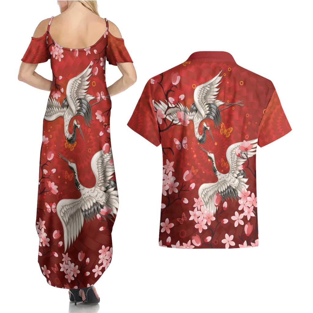 Hawaii Japan Cranes Sakura Flower Red Couples Matching Summer Maxi Dress and Hawaiian Shirt Japan Heritage Spirit LT01 - Polynesian Pride