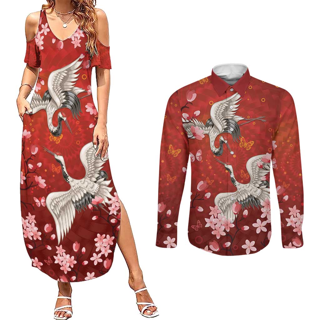 Hawaii Japan Cranes Sakura Flower Red Couples Matching Summer Maxi Dress and Long Sleeve Button Shirt Japan Heritage Spirit LT01 Red - Polynesian Pride