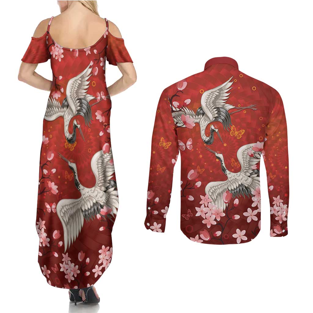 Hawaii Japan Cranes Sakura Flower Red Couples Matching Summer Maxi Dress and Long Sleeve Button Shirt Japan Heritage Spirit LT01 - Polynesian Pride