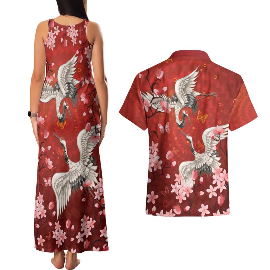 Hawaii Japan Cranes Sakura Flower Red Couples Matching Tank Maxi Dress and Hawaiian Shirt Japan Heritage Spirit LT01 - Polynesian Pride