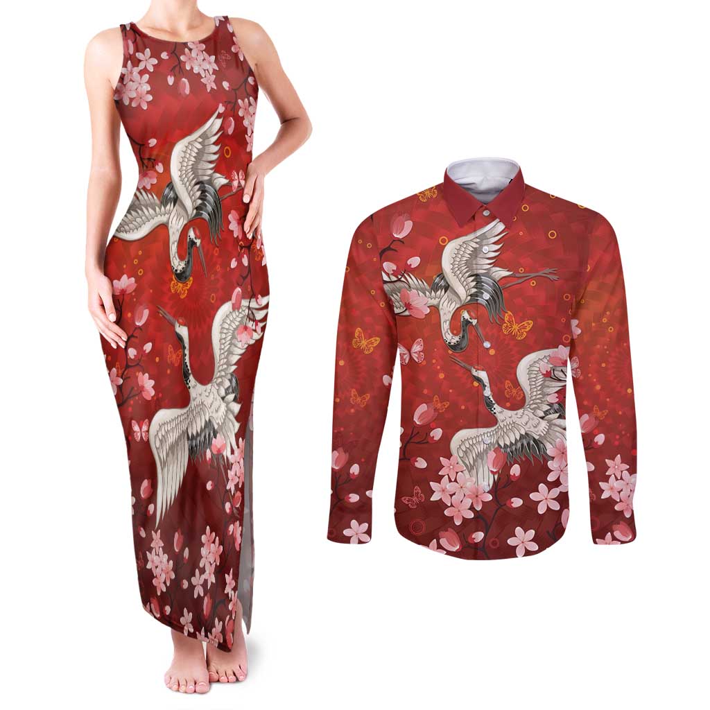 Hawaii Japan Cranes Sakura Flower Red Couples Matching Tank Maxi Dress and Long Sleeve Button Shirt Japan Heritage Spirit LT01 Red - Polynesian Pride