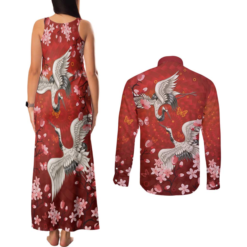 Hawaii Japan Cranes Sakura Flower Red Couples Matching Tank Maxi Dress and Long Sleeve Button Shirt Japan Heritage Spirit LT01 - Polynesian Pride