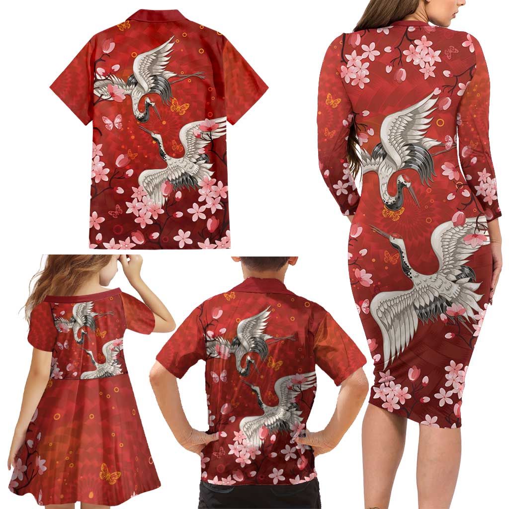 Hawaii Japan Cranes Sakura Flower Red Family Matching Long Sleeve Bodycon Dress and Hawaiian Shirt Japan Heritage Spirit LT01 - Polynesian Pride