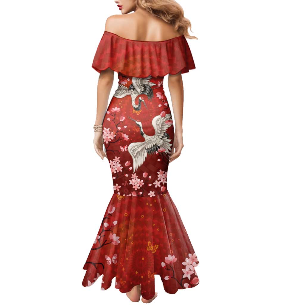 Hawaii Japan Cranes Sakura Flower Red Family Matching Mermaid Dress and Hawaiian Shirt Japan Heritage Spirit LT01 - Polynesian Pride