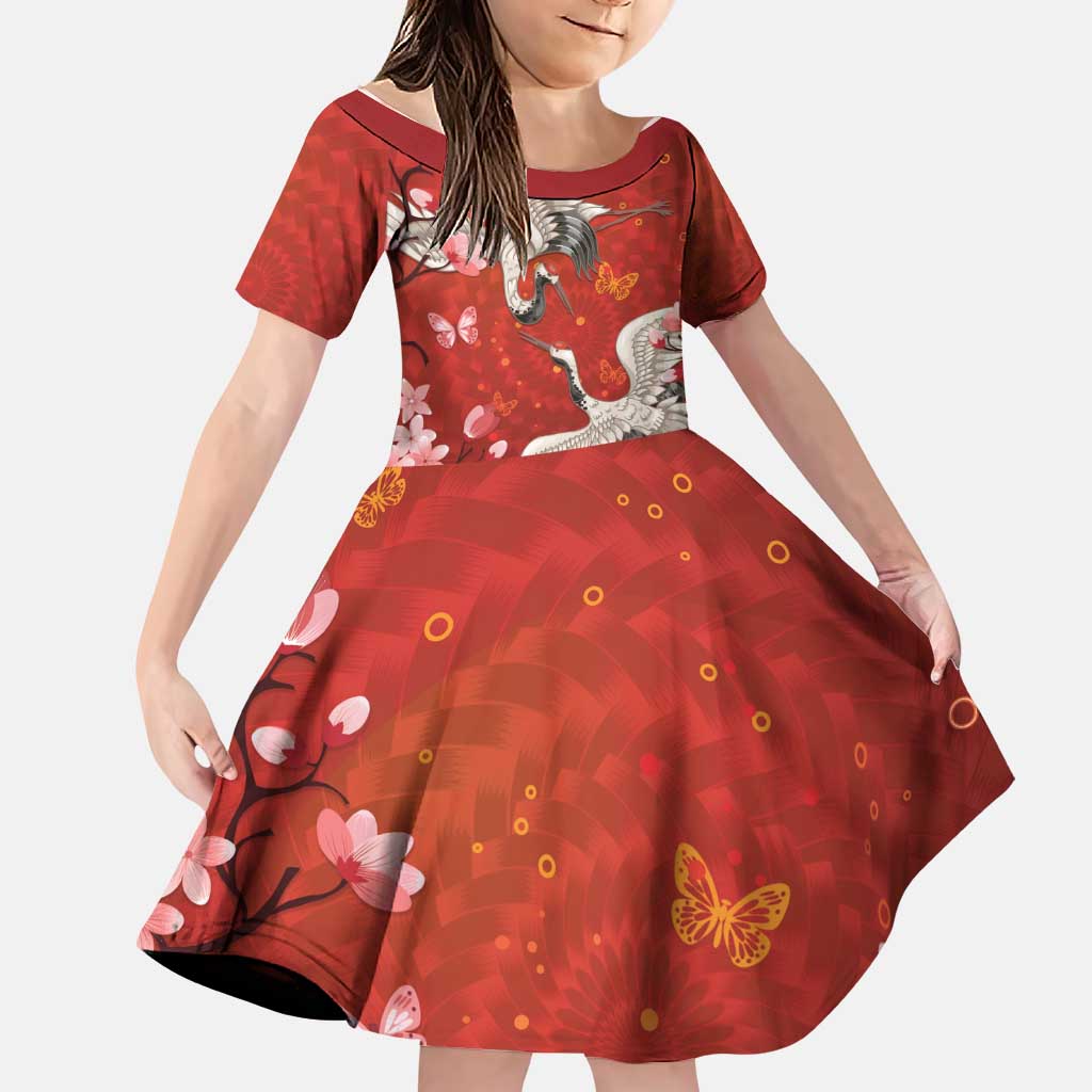 Hawaii Japan Cranes Sakura Flower Red Family Matching Off The Shoulder Long Sleeve Dress and Hawaiian Shirt Japan Heritage Spirit LT01 Daughter's Dress Red - Polynesian Pride