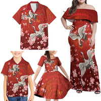 Hawaii Japan Cranes Sakura Flower Red Family Matching Off Shoulder Maxi Dress and Hawaiian Shirt Japan Heritage Spirit LT01 - Polynesian Pride