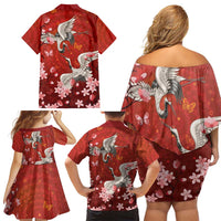 Hawaii Japan Cranes Sakura Flower Red Family Matching Off Shoulder Short Dress and Hawaiian Shirt Japan Heritage Spirit LT01 - Polynesian Pride