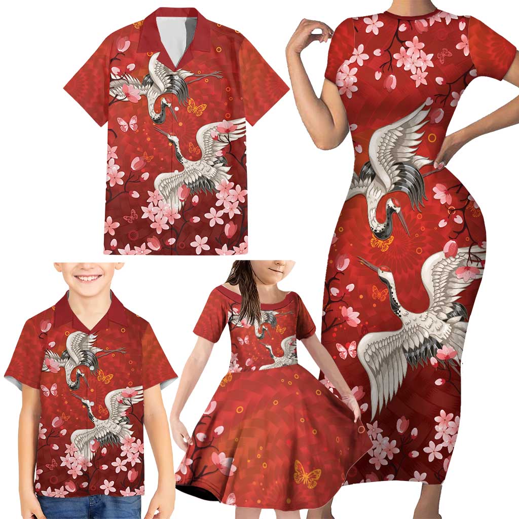 Hawaii Japan Cranes Sakura Flower Red Family Matching Short Sleeve Bodycon Dress and Hawaiian Shirt Japan Heritage Spirit - Polynesian Pride