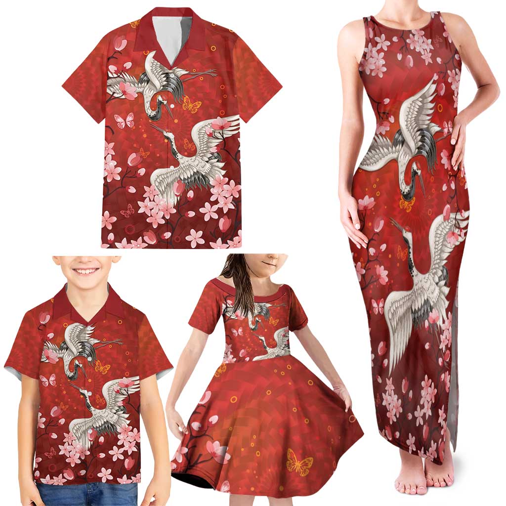 Hawaii Japan Cranes Sakura Flower Red Family Matching Tank Maxi Dress and Hawaiian Shirt Japan Heritage Spirit - Polynesian Pride