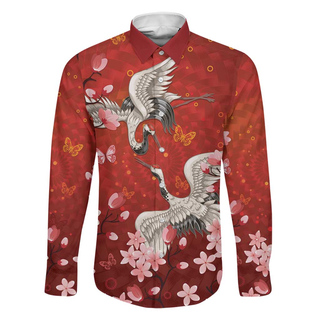 Hawaii Japan Cranes Sakura Flower Red Family Matching Tank Maxi Dress and Hawaiian Shirt Japan Heritage Spirit LT01 Dad's Shirt - Long Sleeve Red - Polynesian Pride
