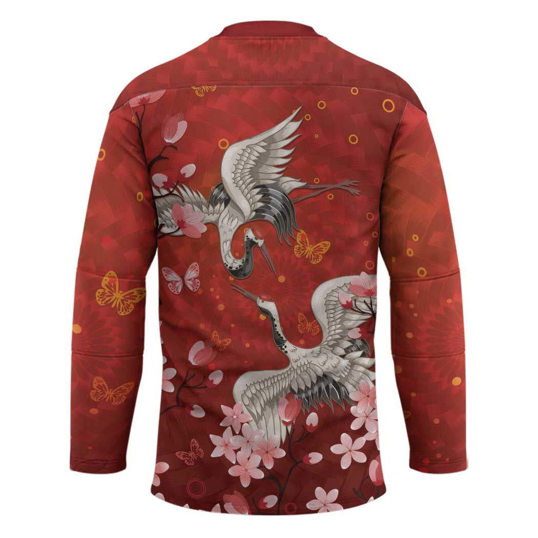 Hawaii Japan Cranes Sakura Flower Red Hockey Jersey Japan Heritage Spirit - Polynesian Pride